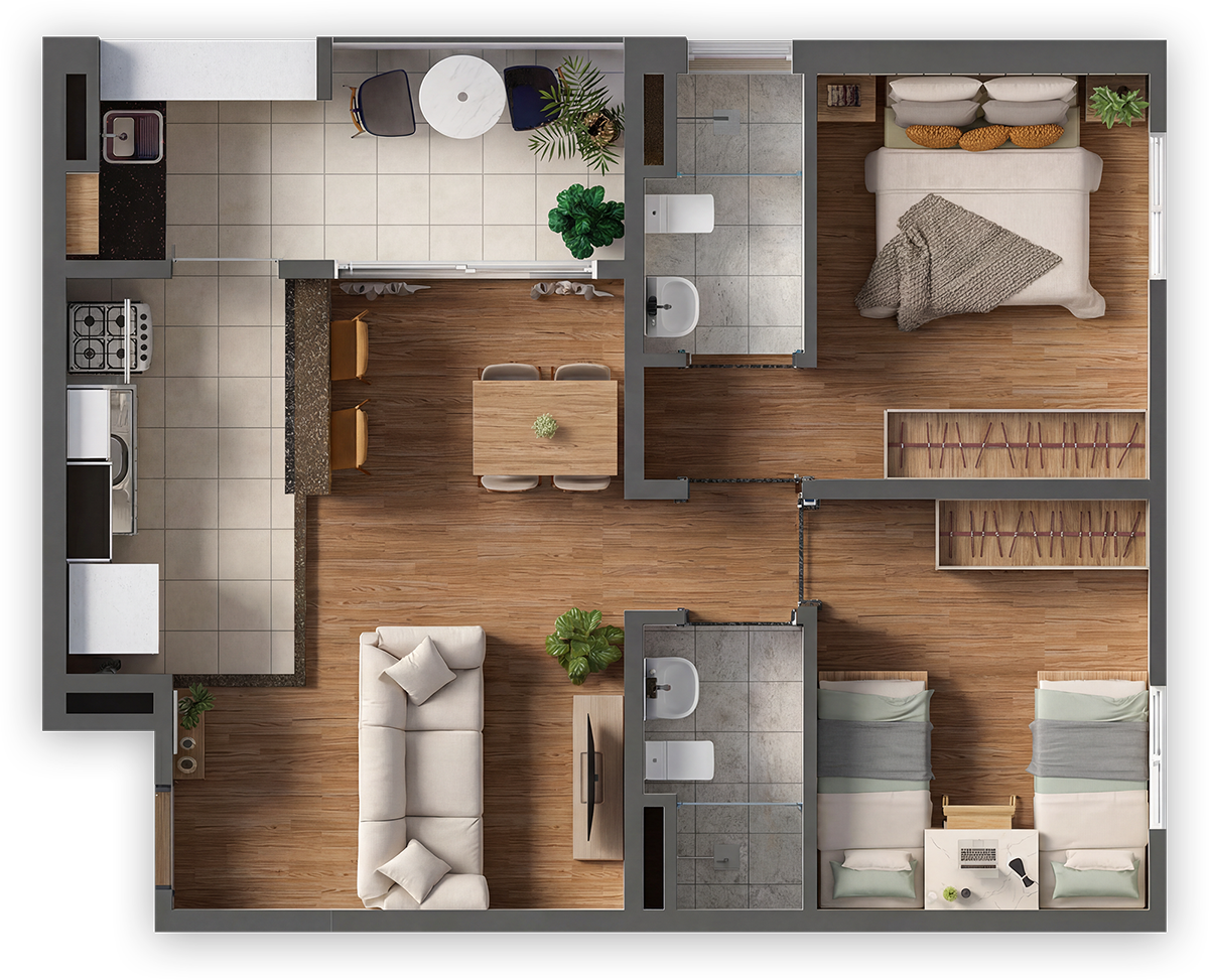Planta baixa do apartamento tipo, 53,80 metros quadrados
